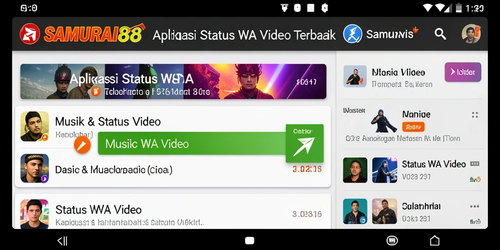 Antarmuka aplikasi SAMURAI88 menampilkan pilihan video status WA yang beragam.