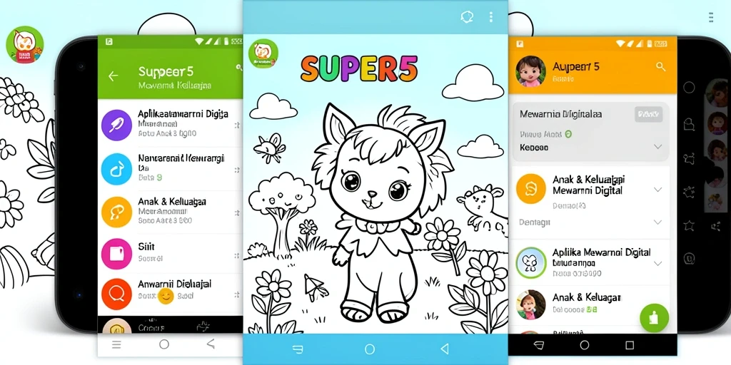 Tampilan antarmuka aplikasi SUPER5 yang colorful dan interaktif.